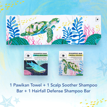 Load image into Gallery viewer, MAGWAI Bath Essential Bundle | 2 Shampoo Bars + 1 Pawikan Design Towel
