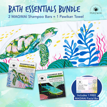 Load image into Gallery viewer, MAGWAI Bath Essential Bundle | 2 Shampoo Bars + Pawikan / Sea Turtle Beach Towel + 1pc Free Facial Bar
