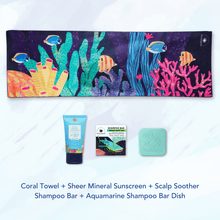 Load image into Gallery viewer, MAGWAI Travel Bundle | 1 Everyday Towel + 1 Shampoo Bar + 1 Sheer Mineral Sunscreen 30ml + 1 Shampoo Bar Dish
