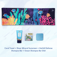 Load image into Gallery viewer, MAGWAI Travel Bundle | 1 Everyday Towel + 1 Shampoo Bar + 1 Sheer Mineral Sunscreen 30ml + 1 Shampoo Bar Dish
