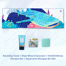 Load image into Gallery viewer, MAGWAI Travel Bundle | 1 Everyday Towel + 1 Shampoo Bar + 1 Sheer Mineral Sunscreen 30ml + 1 Shampoo Bar Dish

