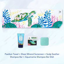 Load image into Gallery viewer, MAGWAI Travel Bundle | 1 Everyday Towel + 1 Shampoo Bar + 1 Sheer Mineral Sunscreen 30ml + 1 Shampoo Bar Dish
