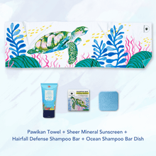 Load image into Gallery viewer, MAGWAI Travel Bundle | 1 Everyday Towel + 1 Shampoo Bar + 1 Sheer Mineral Sunscreen 30ml + 1 Shampoo Bar Dish
