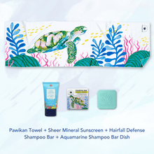 Load image into Gallery viewer, MAGWAI Travel Bundle | 1 Everyday Towel + 1 Shampoo Bar + 1 Sheer Mineral Sunscreen 30ml + 1 Shampoo Bar Dish
