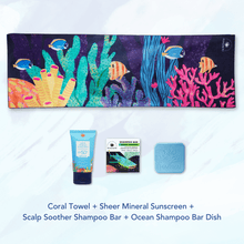 Load image into Gallery viewer, MAGWAI Travel Bundle | 1 Everyday Towel + 1 Shampoo Bar + 1 Sheer Mineral Sunscreen 30ml + 1 Shampoo Bar Dish
