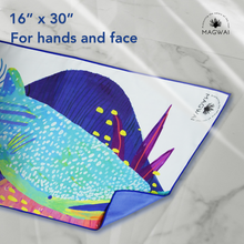 Load image into Gallery viewer, Eco-friendly MAGWAI quick-drying microfiber hand towel made from recycled plastic bottles, featuring the whale shark-inspired design; compact, soft, and ideal for travel, gym, or daily use
