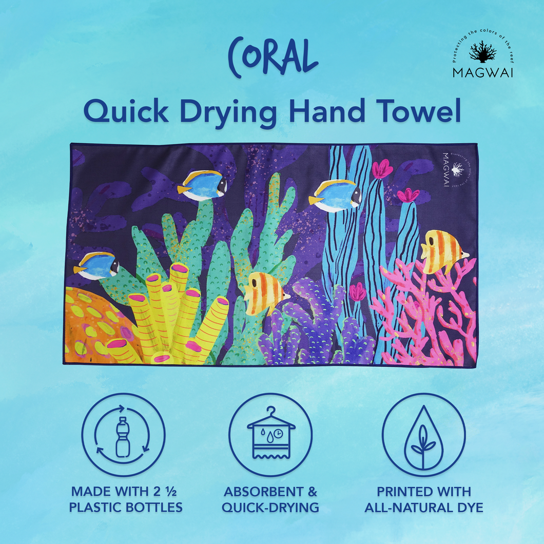 Eco-friendly MAGWAI quick-drying microfiber hand towel made from recycled plastic bottles, featuring the vibrant coral reef-inspired design; compact, soft, and ideal for travel, gym, or daily use