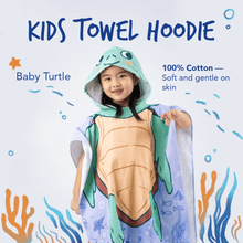 Load image into Gallery viewer, MAGWAI Towel Hoodie or Hooded Towel with Cape, or Towel Poncho, is made from 100% soft cotton that is gentle on baby skin. It is absorbent and made for kids for bath, shower, beach, pool. Baby Turtle design. In partnership with People and the Sea.
