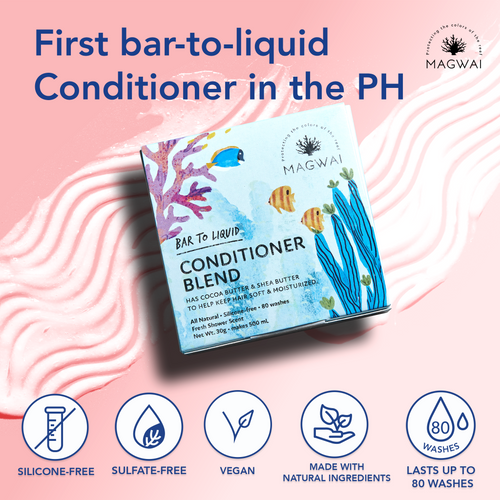 MAGWAI Conditioner Blend, the first bar-to-liquid conditioner in the Philippines, designed for mature hair treatment; sulfate-free, glycerin-free, and safe for all hair types including curly hair (CGM friendly), with a fresh fruity-floral scent.
