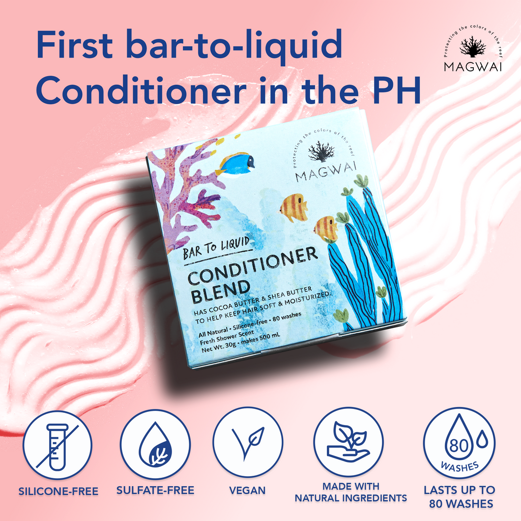 MAGWAI Conditioner Blend, the first bar-to-liquid conditioner in the Philippines, designed for mature hair treatment; sulfate-free, glycerin-free, and safe for all hair types including curly hair (CGM friendly), with a fresh fruity-floral scent.