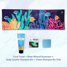 Load image into Gallery viewer, MAGWAI Travel Bundle featuring an Everyday Towel, Shampoo Bar, Shampoo Bar Dish, and Reef-safe sunscreen, promoting ocean-friendly products
