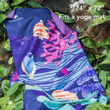 Load image into Gallery viewer, MAGWAI towel made from recycled plastic bottles, designed for yoga and travel, featuring a coral reef-inspired print
