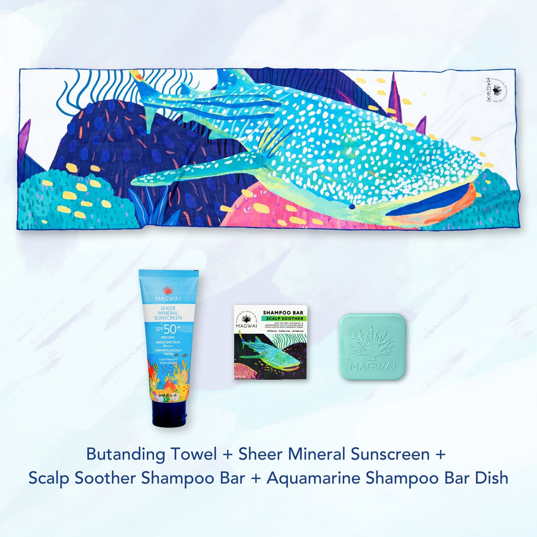 MAGWAI Travel Bundle featuring an Everyday Towel, Shampoo Bar, Shampoo Bar Dish, and Reef-safe sunscreen, promoting ocean-friendly products