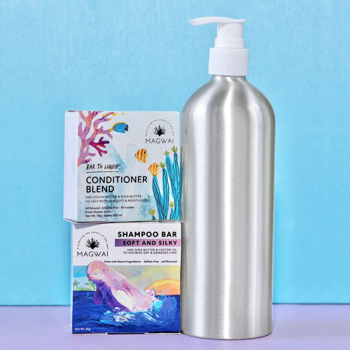 MAGWAI Plastic-free Starter Kit featuring a shampoo bar, conditioner blend, and aluminum bottle for sustainable hair care