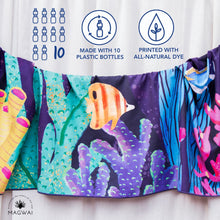 Load image into Gallery viewer, MAGWAI towel made from recycled plastic bottles, designed for yoga and travel, featuring a coral reef-inspired print
