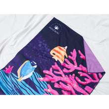 Load image into Gallery viewer, MAGWAI towel made from recycled plastic bottles, designed for yoga and travel, featuring a coral reef-inspired print
