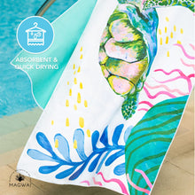 Load image into Gallery viewer, MAGWAI towel made from recycled plastic bottles featuring a sea turtle design, perfect for yoga and travel
