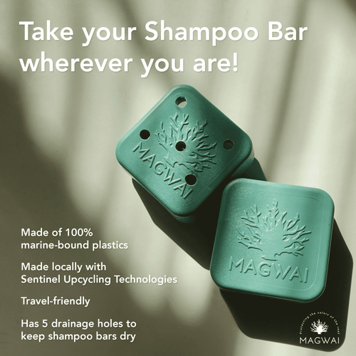 MAGWAI Shampoo Bar Dish made from recycled plastics, designed to keep shampoo bars dry and travel-friendly, available in aquamarine and ocean colors