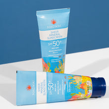 Load image into Gallery viewer, MAGWAI Sheer Mineral Sunscreen SPF 50+ for sensitive skin, reef-safe, non-greasy, and lightweight sun protection with a reduced white cast. Perfect for daily use, suitable for kids, and verified by UP Marine Science Institute
