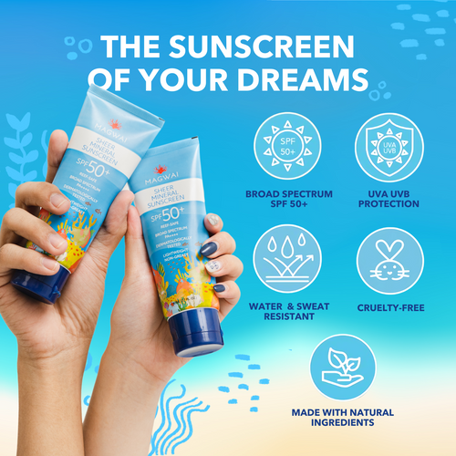 MAGWAI Sheer Mineral Sunscreen SPF 50+ for sensitive skin, reef-safe, non-greasy, and lightweight sun protection with a reduced white cast. Perfect for daily use, suitable for kids, and verified by UP Marine Science Institute