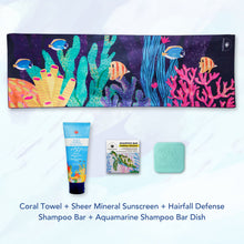 Load image into Gallery viewer, MAGWAI Travel Bundle featuring an Everyday Towel, Shampoo Bar, Shampoo Bar Dish, and Reef-safe sunscreen, promoting ocean-friendly products
