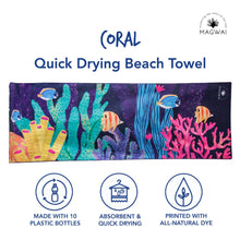 Load image into Gallery viewer, MAGWAI towel made from recycled plastic bottles, designed for yoga and travel, featuring a coral reef-inspired print
