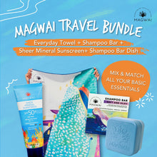 Load image into Gallery viewer, MAGWAI Travel Bundle featuring an Everyday Towel, Shampoo Bar, Shampoo Bar Dish, and Reef-safe sunscreen, promoting ocean-friendly products
