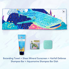 Load image into Gallery viewer, MAGWAI Travel Bundle featuring an Everyday Towel, Shampoo Bar, Shampoo Bar Dish, and Reef-safe sunscreen, promoting ocean-friendly products
