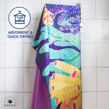 Load image into Gallery viewer, MAGWAI towel made from recycled plastic bottles, designed for yoga and travel, featuring a coral reef-inspired print
